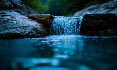 Canvas Print - Serene waterfall cascading into tranquil pool, lush forest backdrop, nature photography