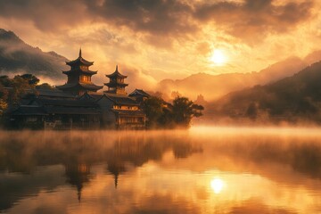Leinwandbilder - Sunset over tranquil waters with traditional architecture silhouetted against a golden sky. Generative AI