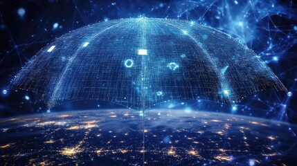 Poster - A glowing umbrella of AI-driven defense grids shielding the world, representing cybersecurity and blockchain protection.