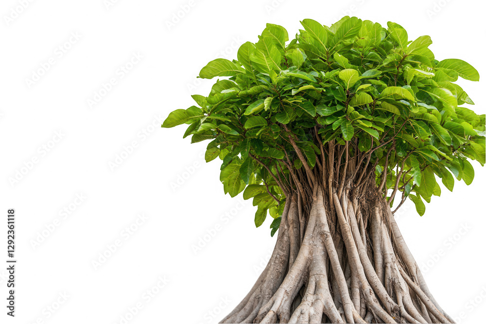 Lush green tree with prominent roots showcasing vibrant leaves on a ...