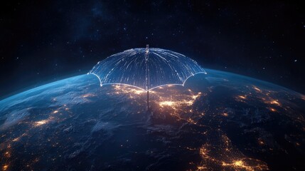 Poster - A high-tech umbrella formed by cyber shields hovering over Earth, symbolizing digital security and global connectivity.