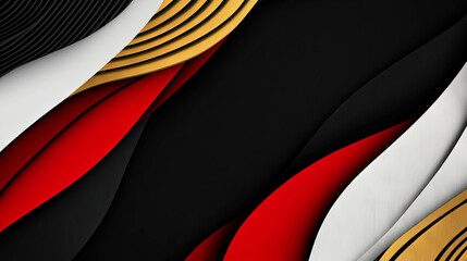 Poster - Modern abstract composition featuring overlapping strips and dynamic forms in red, black, and gold tones