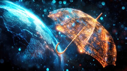 Poster - A holographic umbrella made of security grids spreading over the world, symbolizing AI-driven tech innovation.