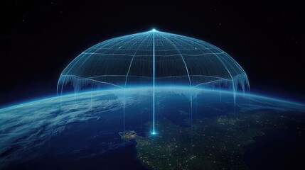 Poster - A massive holographic umbrella spreading over Earth, representing cybersecurity, blockchain safety, and AI-driven tech.