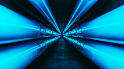 Poster - Futuristic industrial tunnel with illuminated blue pipes for modern design concepts