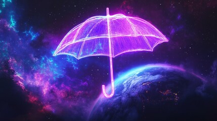 Poster - A neon cybernetic umbrella hovering over Earth, representing cloud security, digital transformation, and AI-driven protection.