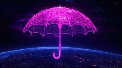 Poster - A neon cybernetic umbrella hovering over Earth, representing cloud security, digital transformation, and AI-driven protection.