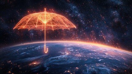 Poster - A neon cybernetic umbrella hovering over Earth, representing cloud security, digital transformation, and AI-driven protection.