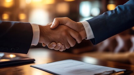 Poster - Business agreement signified through a handshake in a modern office setting during late afternoon. Generative AI