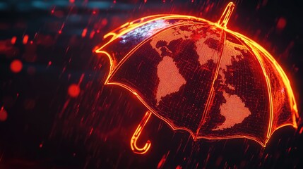 Poster - A neon shield in the shape of an umbrella covering the Earth, representing the future of digital safety and AI protection.