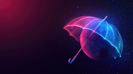 Poster - A neon shield in the shape of an umbrella covering the Earth, representing the future of digital safety and AI protection.