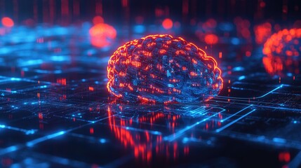 Poster - Brainwave activity displayed as glowing blue signals transferring data into a holographic AI processor.