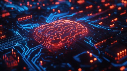 Poster - Brainwave activity displayed as glowing blue signals transferring data into a holographic AI processor.