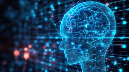 Poster - Brainwave activity displayed as glowing blue signals transferring data into a holographic AI processor.