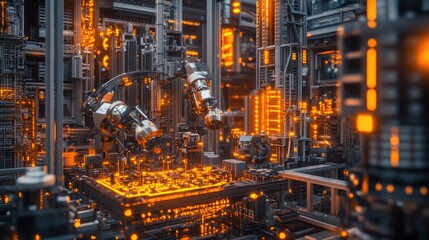 Poster - Bright factory environment where robotic arms are assembling circuit boards with glowing, intricate wiring.