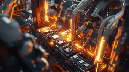 Poster - Bright factory environment where robotic arms are assembling circuit boards with glowing, intricate wiring.