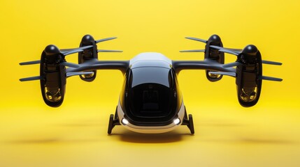 Poster - Compact, fast flying taxi with propellers on a neon yellow background, symbolizing rapid city transport.