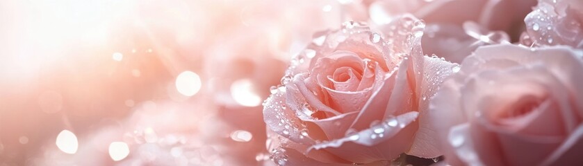 Sticker - Close-up of delicate pink roses with morning dew, soft light and pastel colors creating a romantic and serene atmosphere