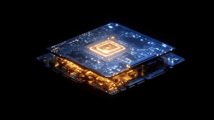 Poster - Complex quantum circuit board glowing against a solid black background, symbolizing futuristic AI processing.