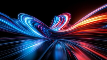 Poster - Blue and red light trails gracefully flow and dance on a deep black backdrop, crafting a mesmerizing abstract visual experience that deeply captivates and enchants viewers with its elegance