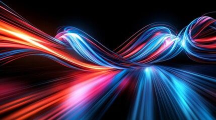 Poster - Vibrant blue and red light trails gracefully flow across a sleek black backdrop, resulting in a stunning and energetic abstract visual that captures the viewers attention and imagination