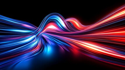 Poster - Vibrant light trails of dynamic blue and red elegantly flow across a deep black background, creating an energetic, colorful, and abstract visual experience that captivates and inspires the viewer