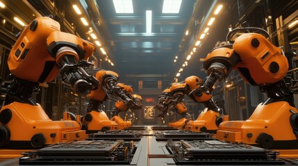 Poster - Cutting-edge robotic arms assembling circuit boards with ultra-fast precision in a futuristic electronics plant.