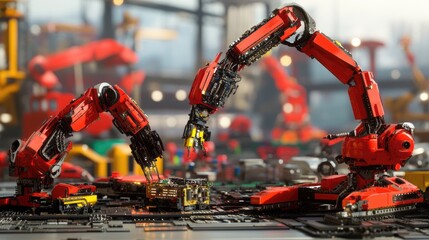 Poster - Cutting-edge robotic arms quickly assembling advanced circuit boards under bright LED lighting in a modern factory.