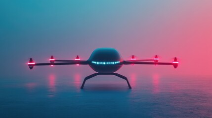 Poster - Drone-style aerial taxi with glowing lights on a soft gradient background, symbolizing smart city transport.