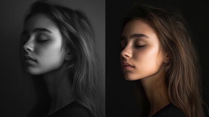 Poster - Mood transformation from sadness to serenity captured in grayscale and color. Generative AI