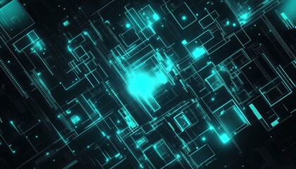 Poster - Abstract digital background with glowing cyan particles and network connections. Futuristic technology illustration with bright light effects and dynamic energy. High tech texture with modern design a