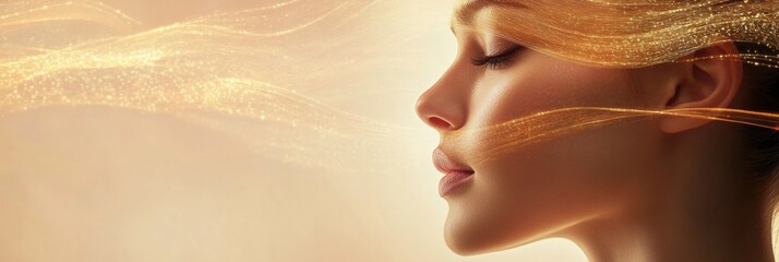 Poster - Golden flowing lines enhance the youthful glow of a womans face showcasing the effects of a lifting treatment. Generative AI