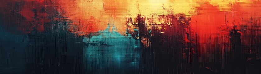 Poster - Abstract fiery and teal landscape with vibrant color contrasts and dynamic brushstrokes