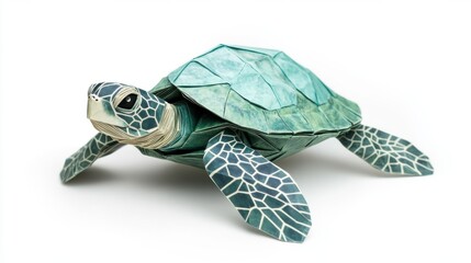 Canvas Print - Beautifully Crafted Origami Turtle Posed Against a White Background