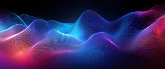 Poster - Abstract Digital Waves Flowing Motion Graphic Element with Vector Particles and Light in Blue Purple Color Scheme for Technology Background