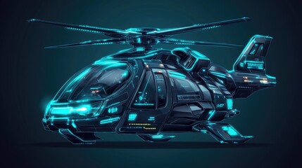 Poster - Futuristic aerial taxi with glowing LED accents on a solid teal background, representing high-tech transport.