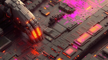 Poster - Futuristic automated factory where robotic arms are assembling microchip-packed circuit boards at lightning speed.