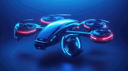 Poster - Futuristic drone-style air taxi floating on a deep blue background, representing advanced urban air mobility.