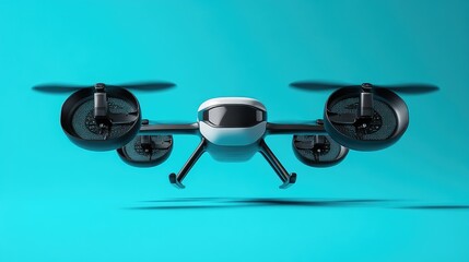 Poster - Futuristic electric flying taxi hovering on a bright cyan background, symbolizing clean air travel.