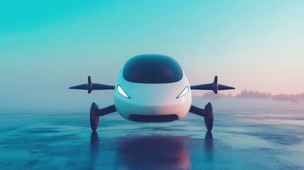 Poster - Futuristic electric flying taxi hovering on a bright cyan background, symbolizing clean air travel.