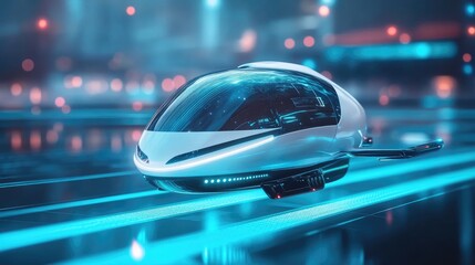 Poster - Futuristic electric flying taxi hovering on a bright cyan background, symbolizing clean air travel.