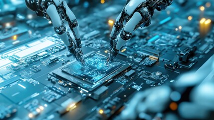 Poster - Futuristic factory setting where synchronized robotic arms are rapidly producing high-tech circuit boards.