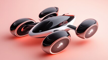 Poster - Futuristic high-speed flying taxi hovering on a soft peach background, symbolizing smart transportation.
