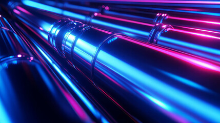Poster - Futuristic metallic pipes with neon light reflections for creative design backgrounds