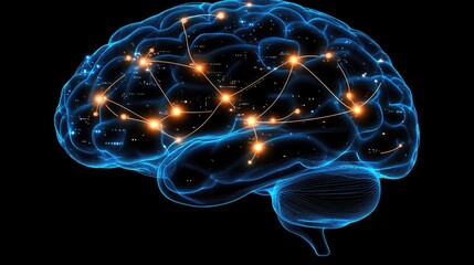 Poster - Futuristic human brain with glowing neural connections linked to a high-tech computer chip, symbolizing AI integration.