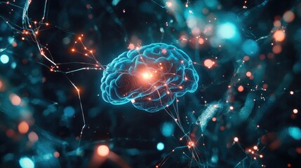 Poster - Futuristic neuroscience interface with glowing brain synapses linked to a transparent supercomputer.