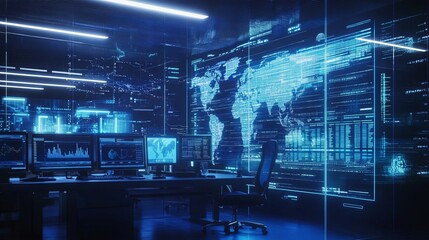 Poster - Envision a hightech control room with vibrant blue lighting, where skilled analysts monitor dynamic data via heat maps on digital dashboards, facilitating strategic and informed decisionmaking