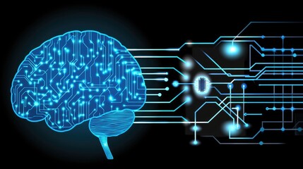 Poster - Glowing blue human brain with data streams connecting to an advanced quantum processor, symbolizing AI-brain interaction.