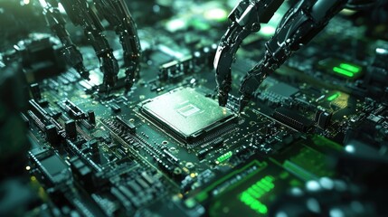 Poster - Glowing circuit boards move along a production line as robotic arms rapidly install components in a high-tech environment.