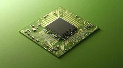 Poster - Glowing futuristic quantum circuit board on a solid bright green background, symbolizing advanced computing.